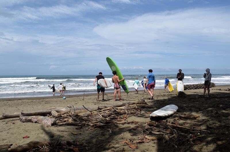 A sunny beach scene shows a group of people with surfboards. Some are walking towards the ocean, ready to surf, while others are standing on the shore. The sky is partly cloudy, and the waves are moderate. There's driftwood scattered on the sand in the foreground, adding texture to the beach.